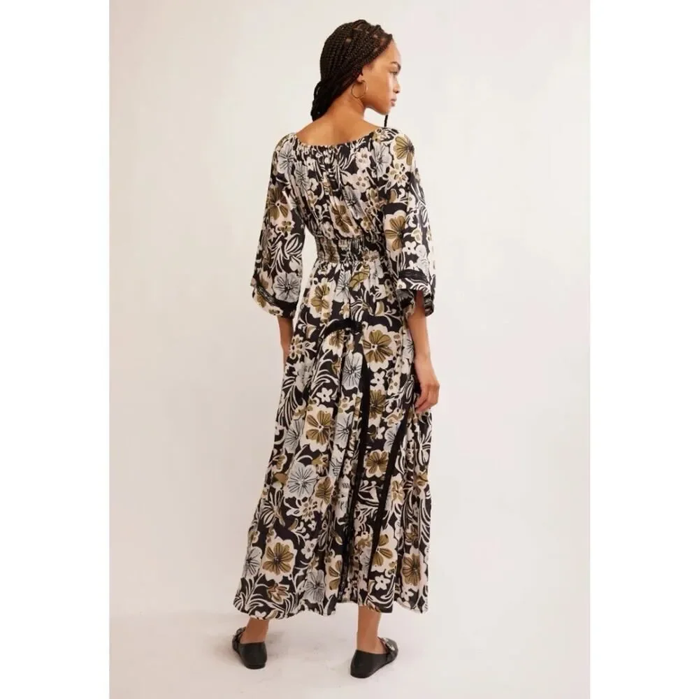 NWT Free People Dixie Floral Maxi Dress Black White Gold S 100% Cotton Boho Fall